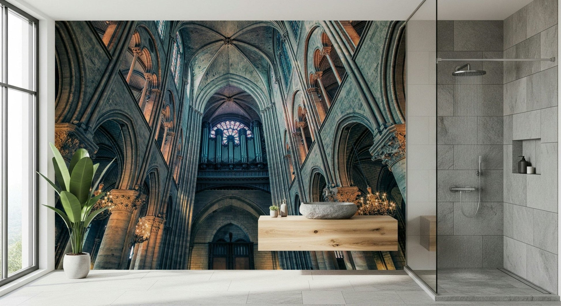Arches wall mural behind bed, modern bedroom color scheme