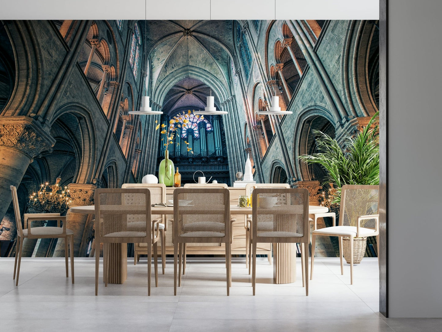 Eden's Touch Wall Mural displayed on a wide wall in a bright studio apartment.