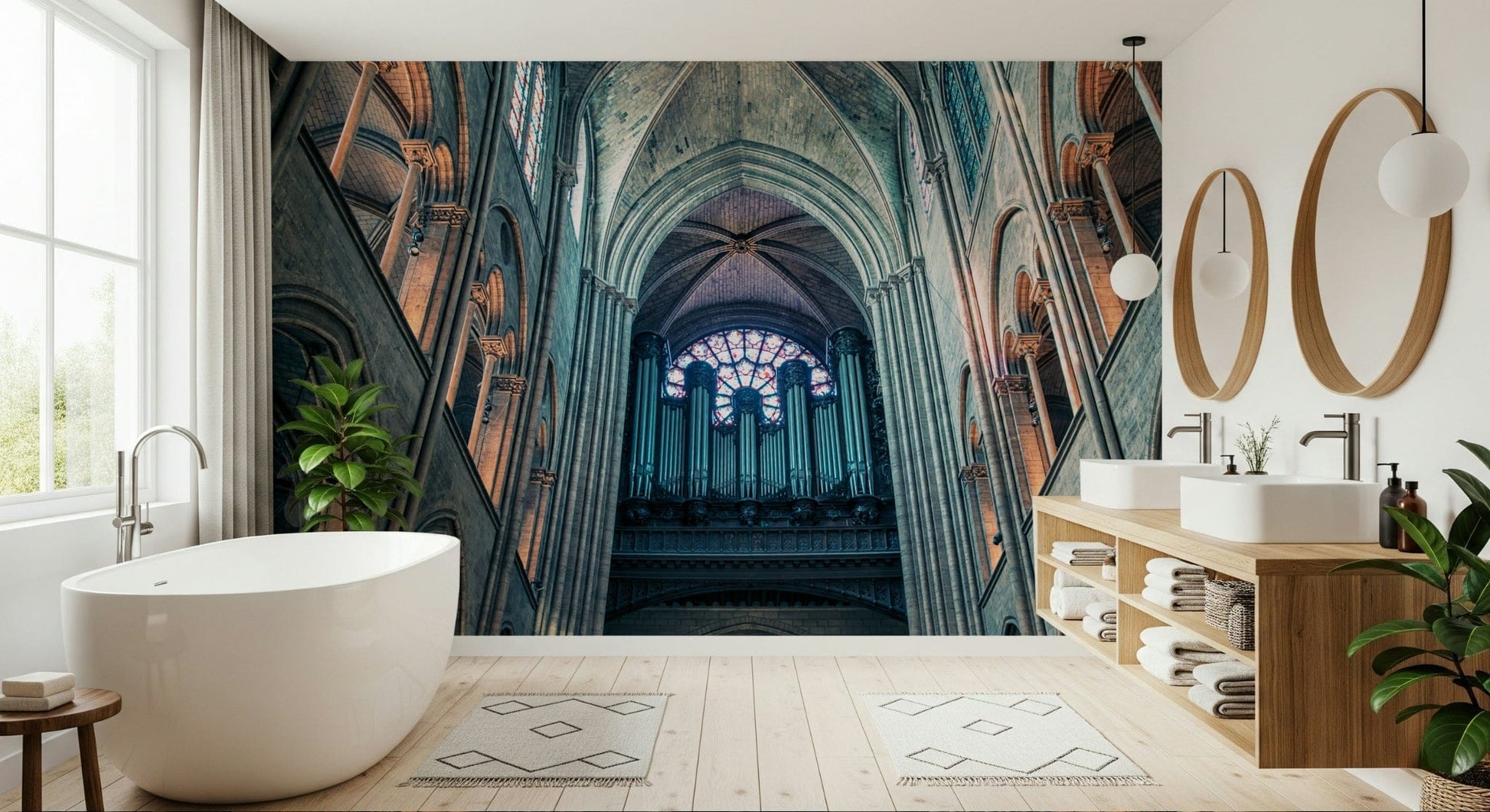 Cathedral arches mural in modern living room, warm color feature wall