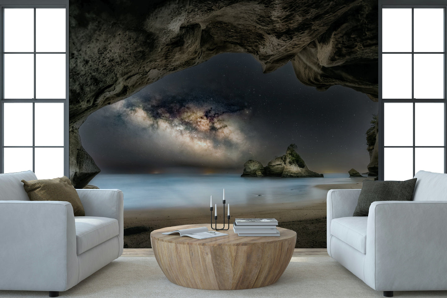Cave Portal to Starlight wallpaper mural of a starry cave portal between two white armchairs in a living room