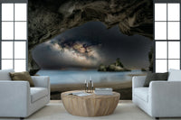 Cave Portal to Starlight wallpaper mural of a starry cave portal between two white armchairs in a living room