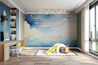 Daytime clouds and blue sky wallpaper in a minimalist master bedroom.