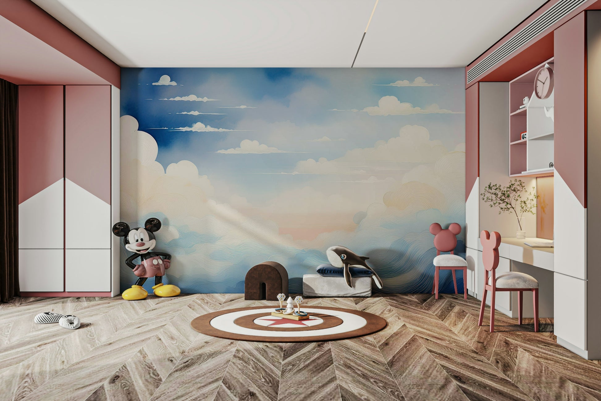 Celestial Blue Sky Wall Mural behind a wooden desk in a study area.