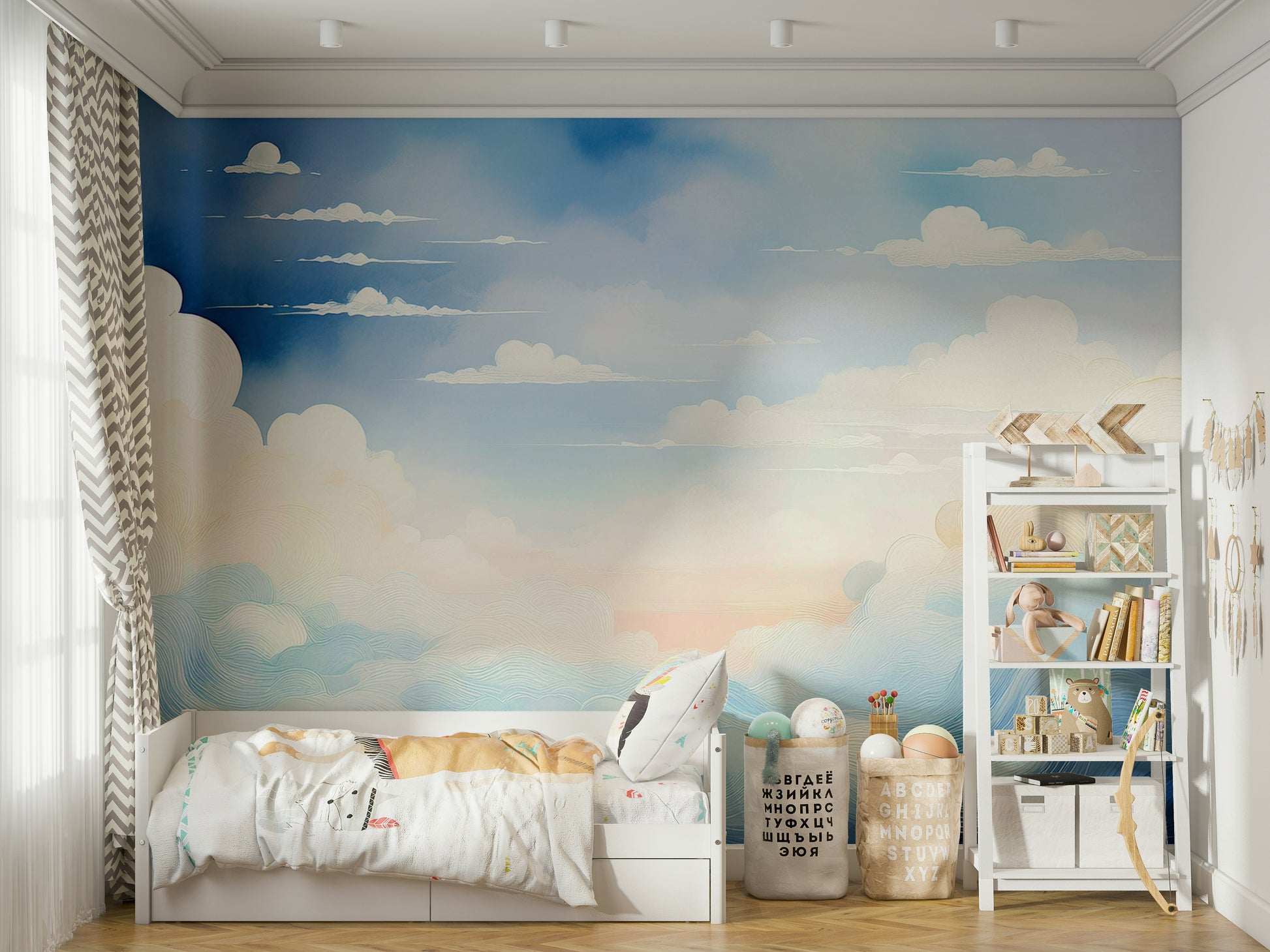 Close-up of the smooth finish on a blue sky wallpaper installation.
