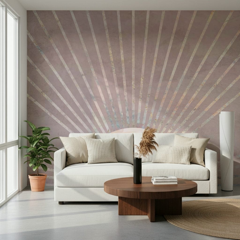 A peaceful open sky mural on decorative wallpaper.