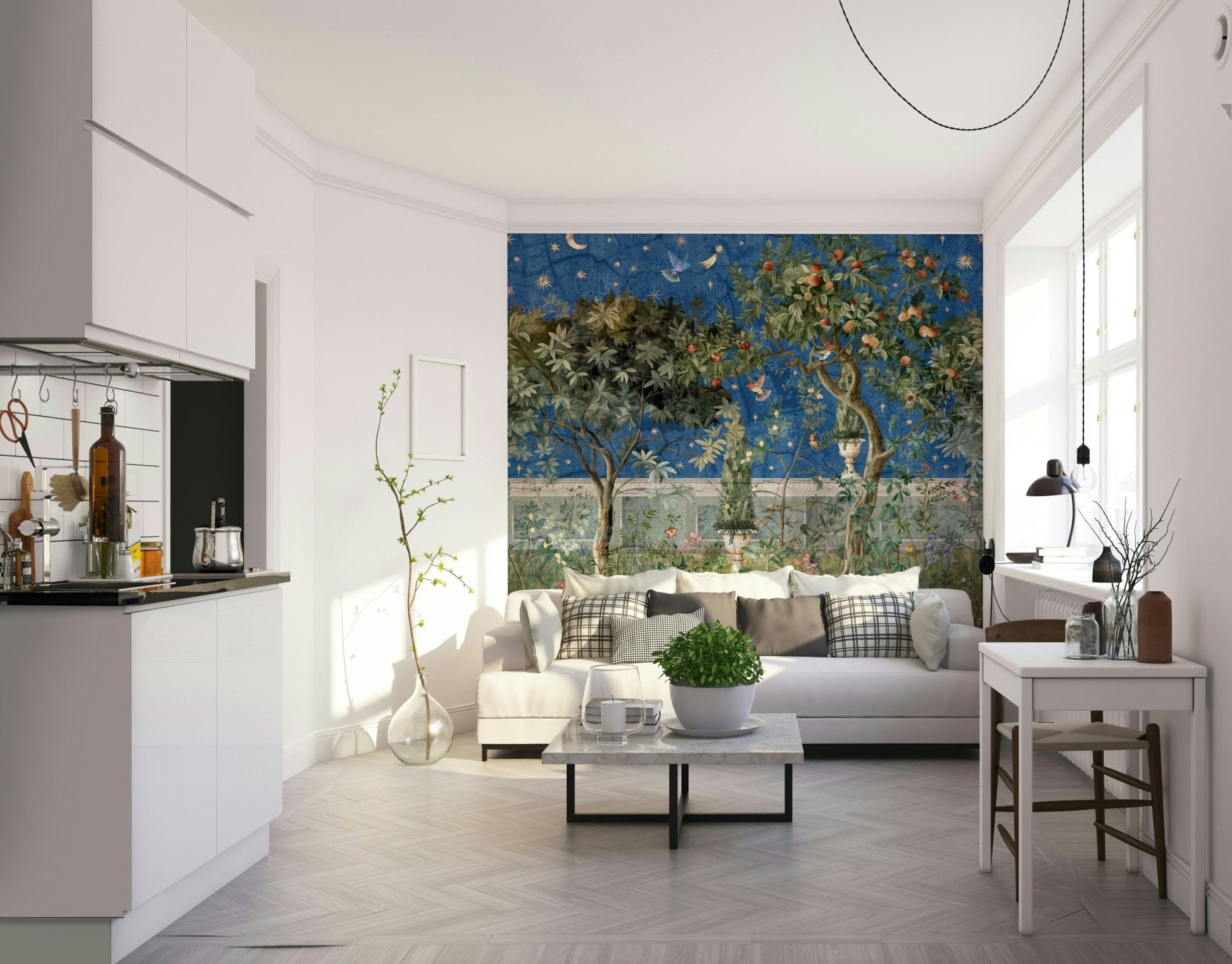Hand-painted botanical wallpaper with night theme

