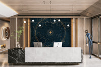 Detailed star chart mural featuring celestial bodies and constellations.

