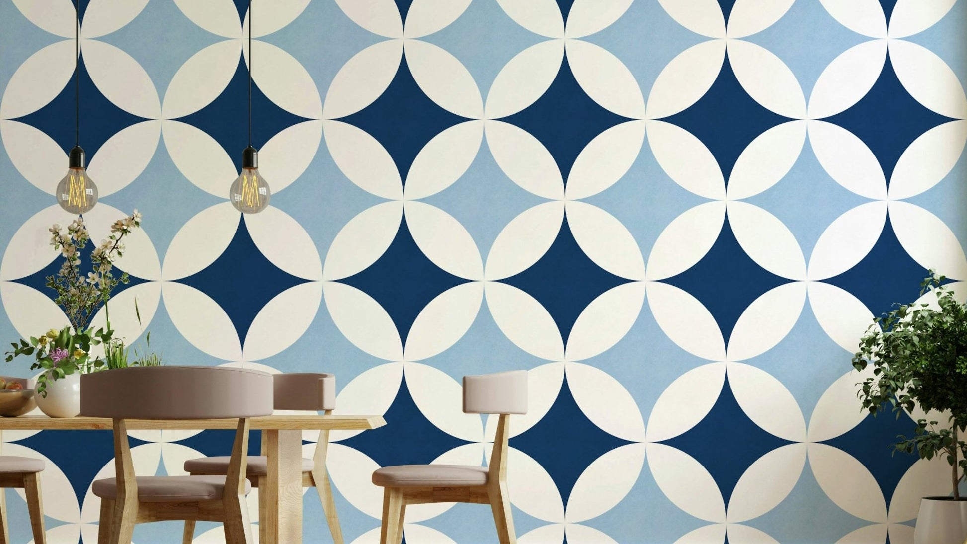 A wallpaper with a geometric tile pattern.

