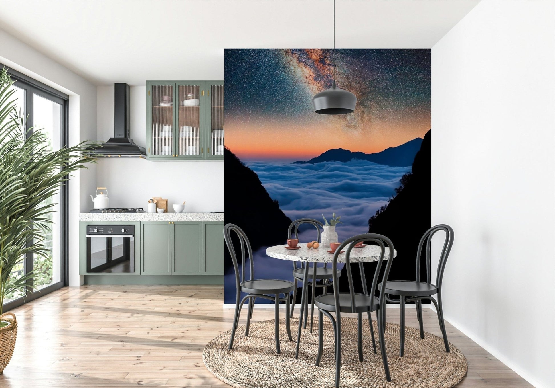 Celestial Valley wall mural with layered mountains under a calm sky, soft cloud wallpaper feel