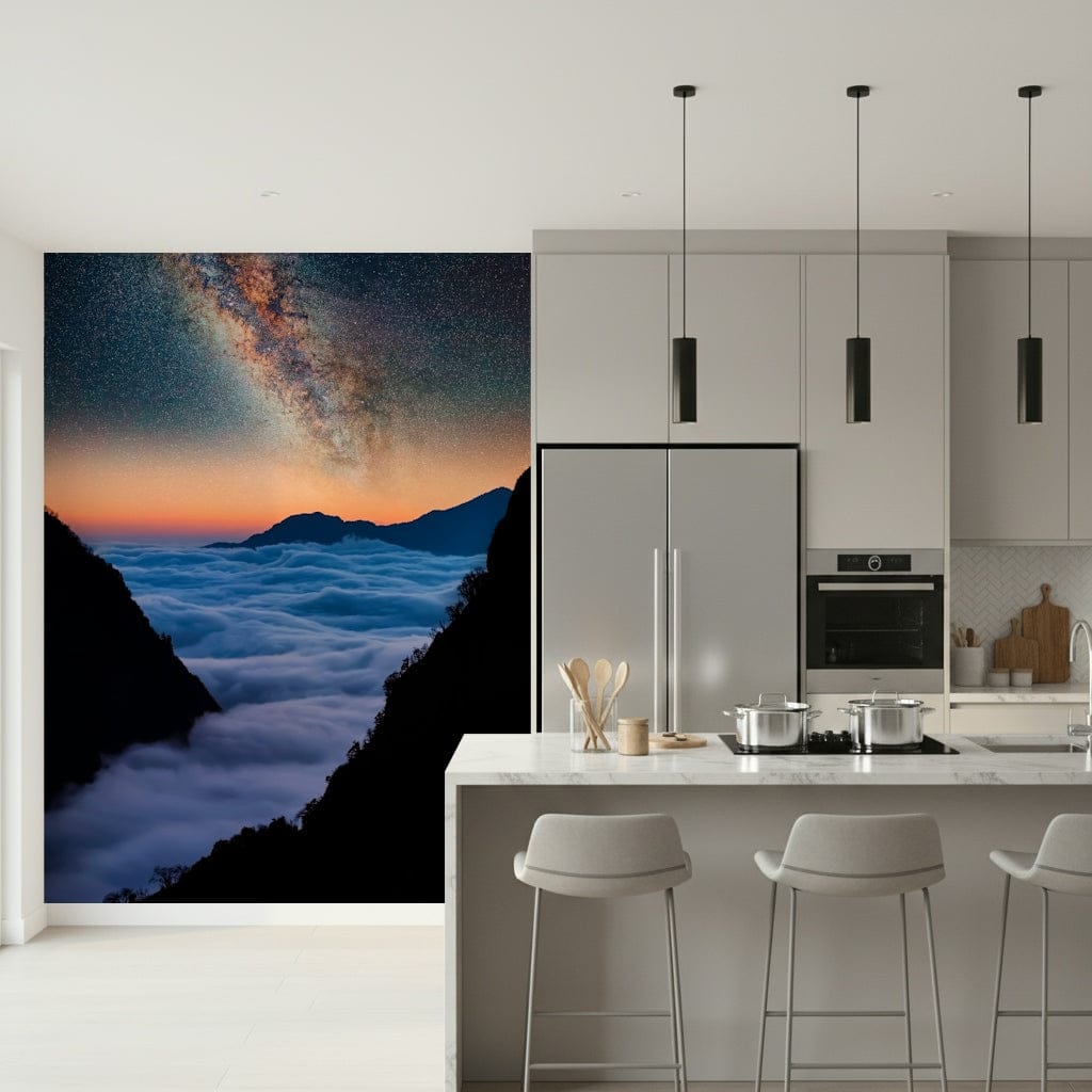 Scenic Celestial Valley mural, distant mountains beneath pastel sky, subtle cloud wallpaper texture