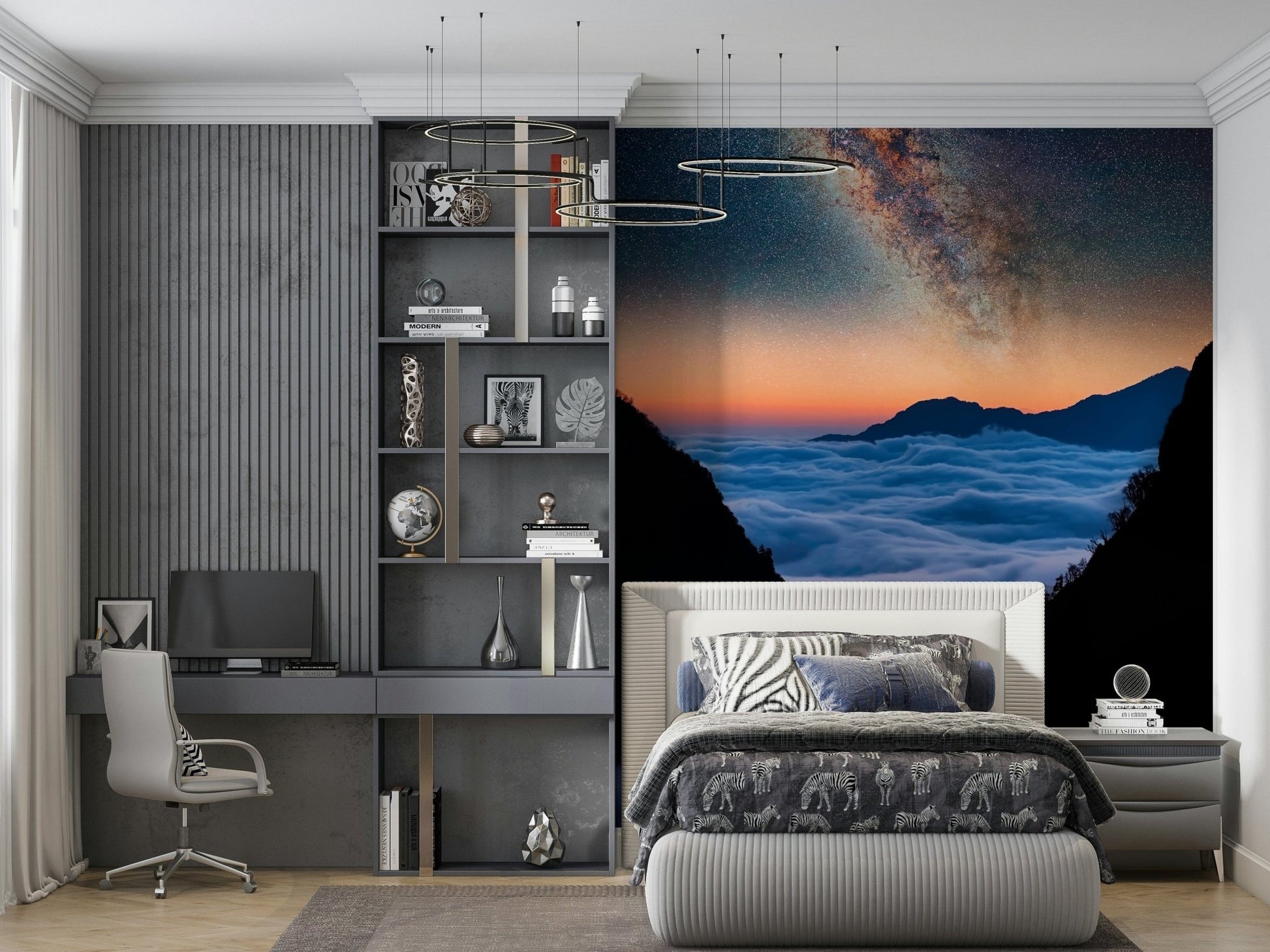 Minimal landscape mural with mountains, spacious sky, and muted cloud wallpaper shading