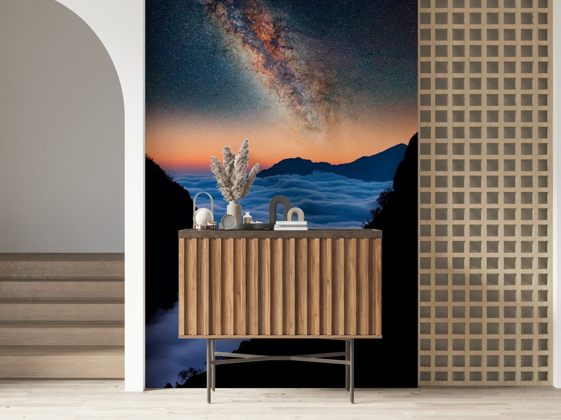 Celestial Valley mural art with rolling mountains, bright sky, and light cloud wallpaper gradient