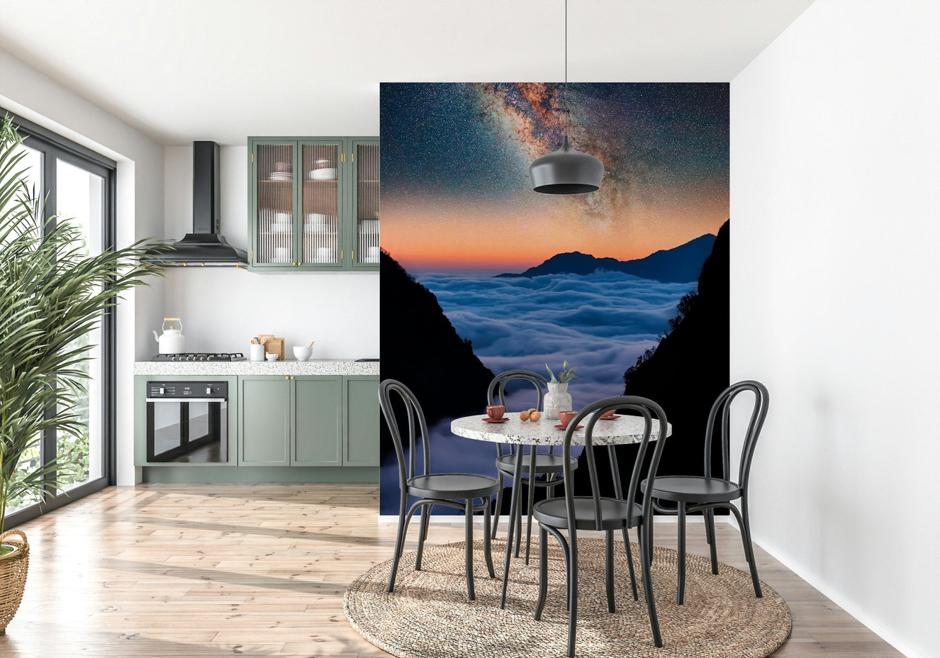Celestial Valley wall mural with layered mountains under a calm sky, soft cloud wallpaper feel