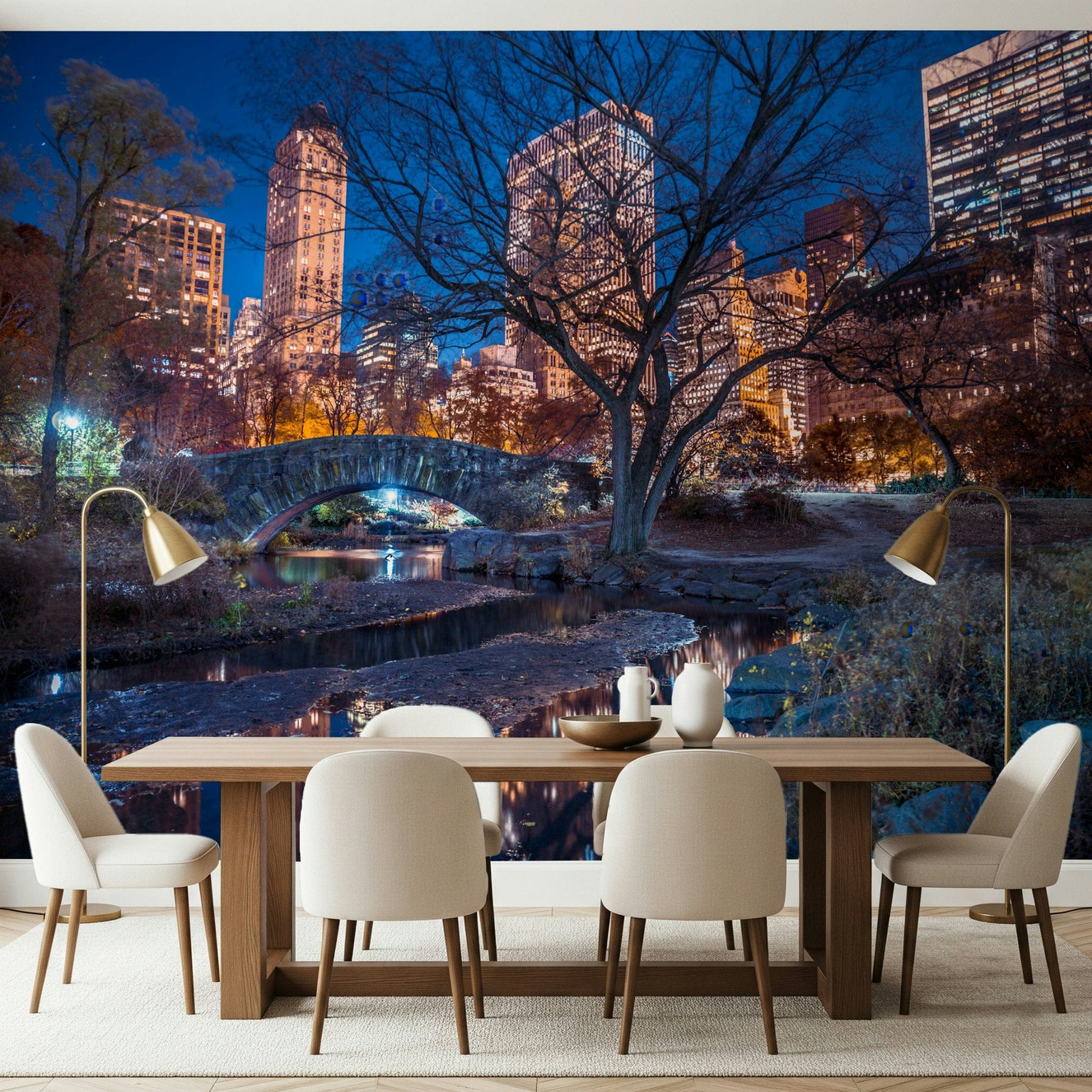 Central Park at Night bridge scene wallcovering