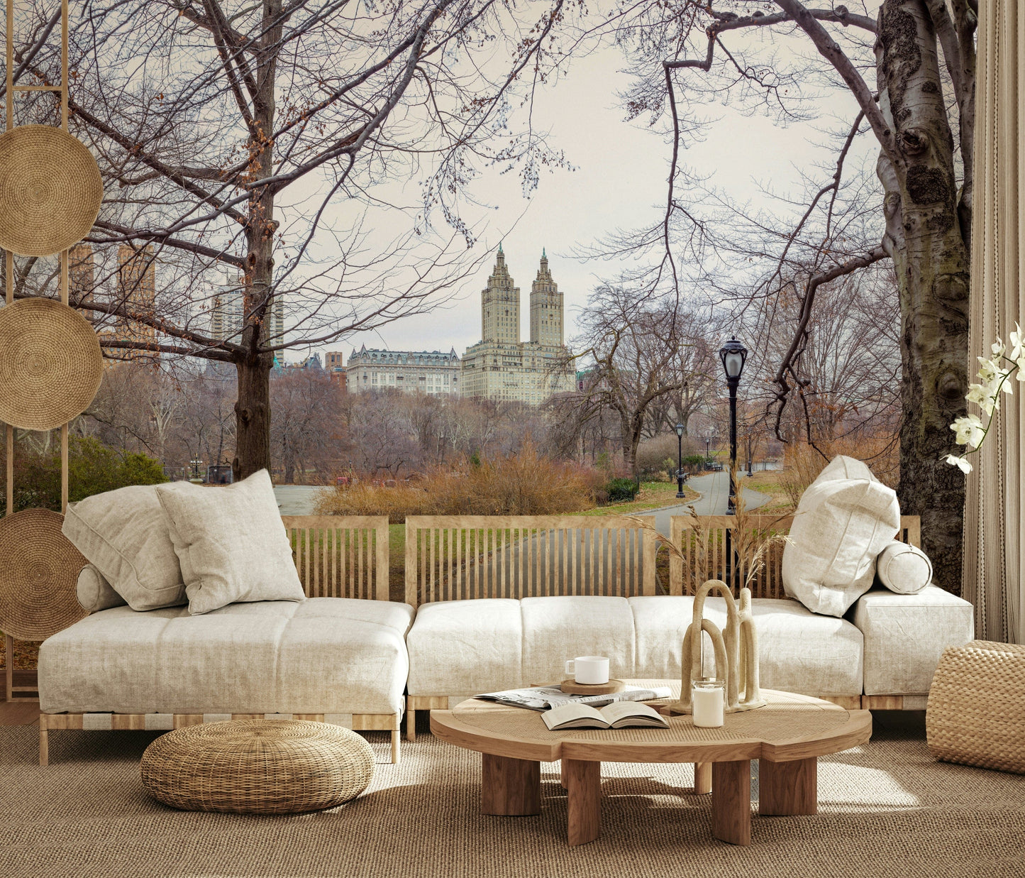 City’s Nature Vista Wall Mural in minimalist study, clean lines, gentle green color tones