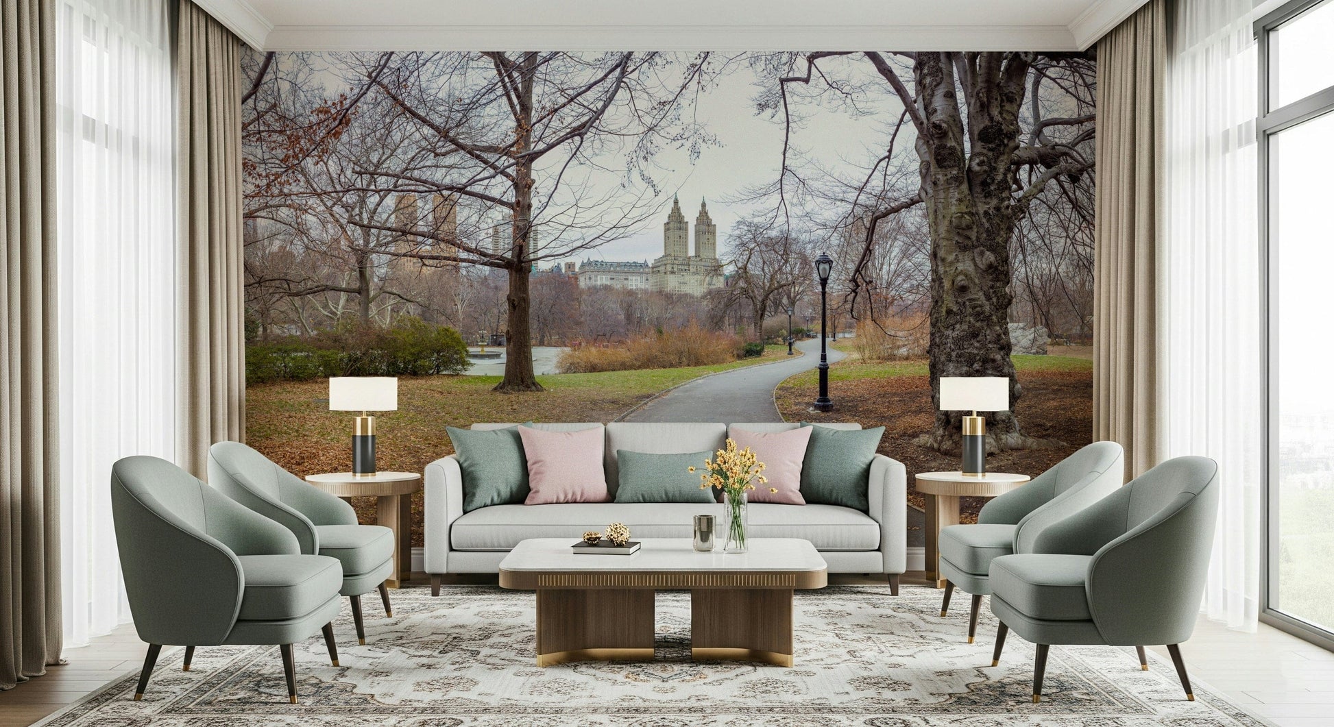 Urban buildings with trees wallpaper in home office, modern style, calm color palette backdrop