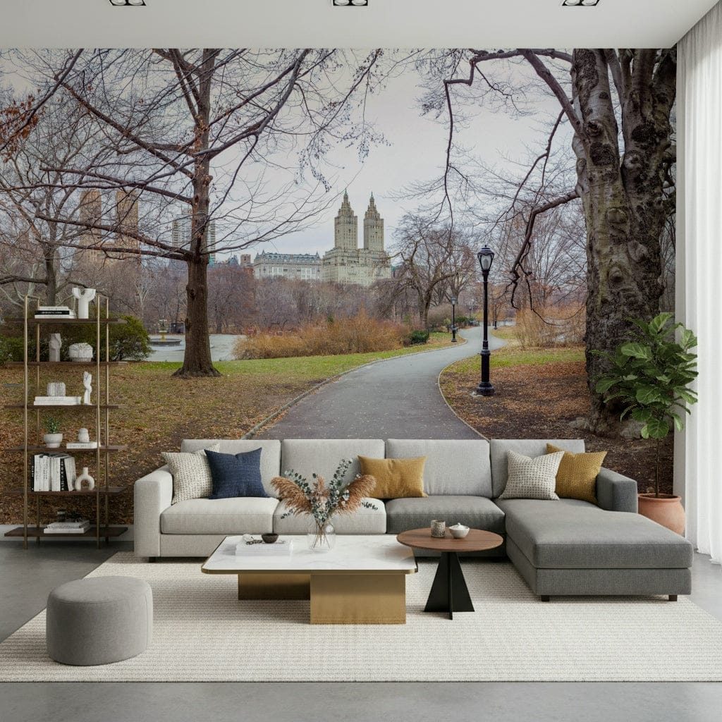 Nature-meets-city wallpaper in dining room, contemporary furniture, green color accents