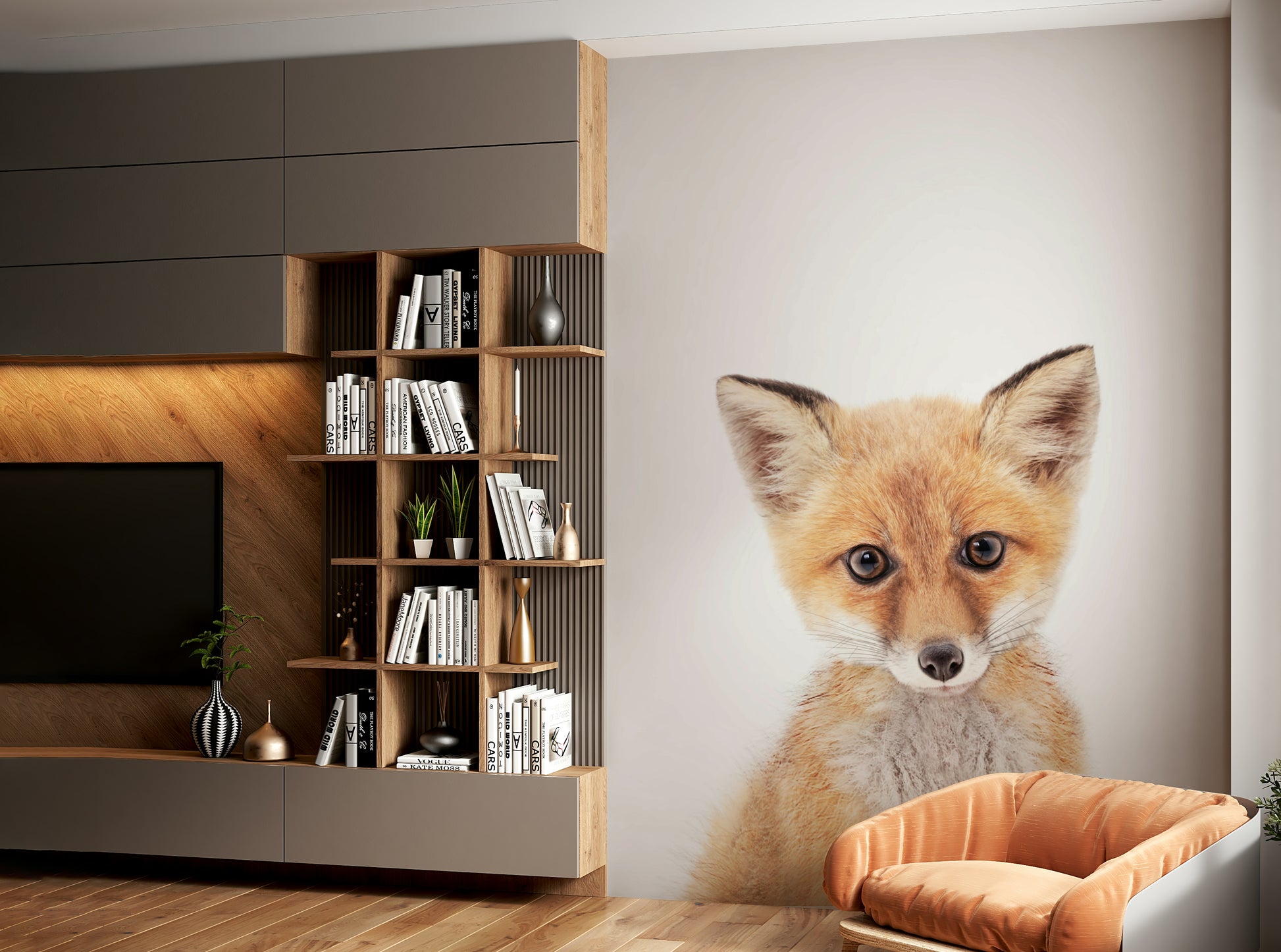 Cartoon-style fox cub mural for children’s space

