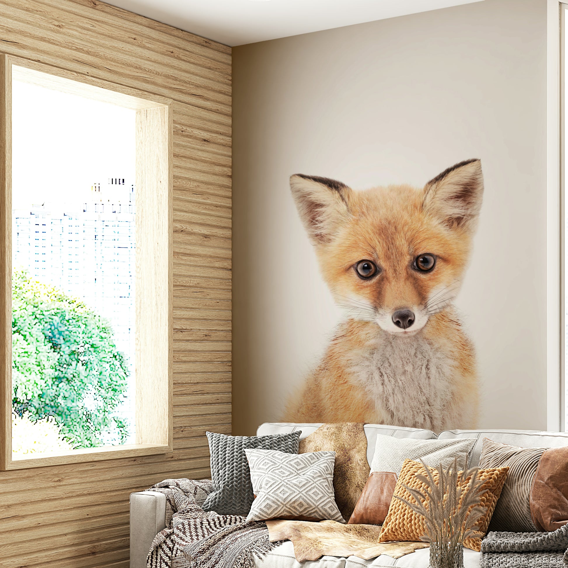 Playful baby fox artwork mural for warm interiors

