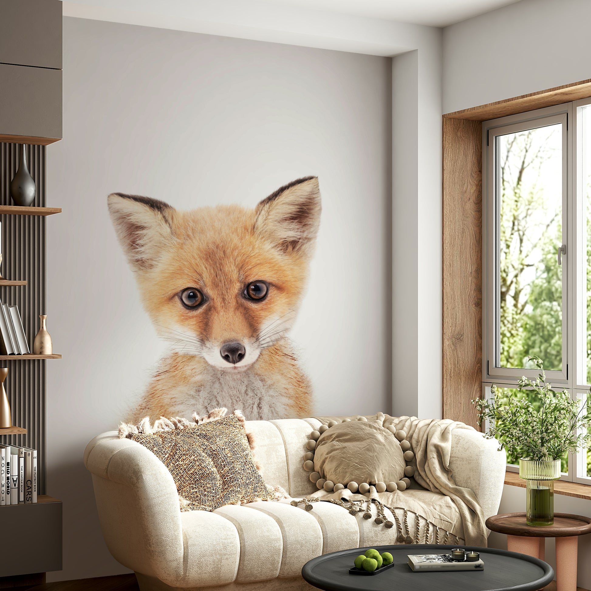 Adorable fox cub mural in soft earthy tones

