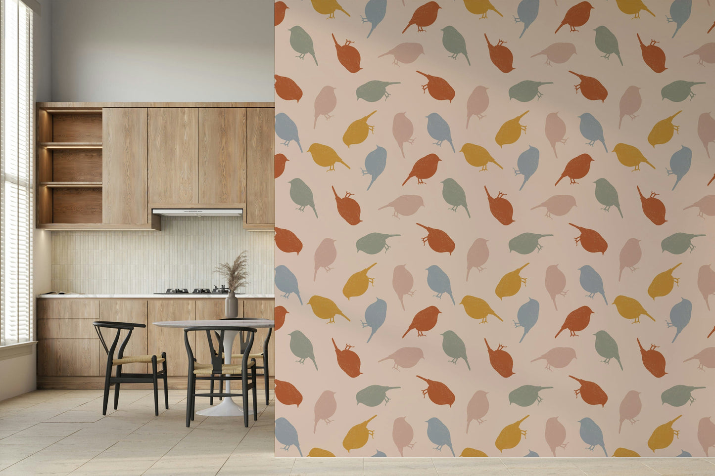 Pastel-toned birds wallpaper creating a peaceful and charming atmosphere.