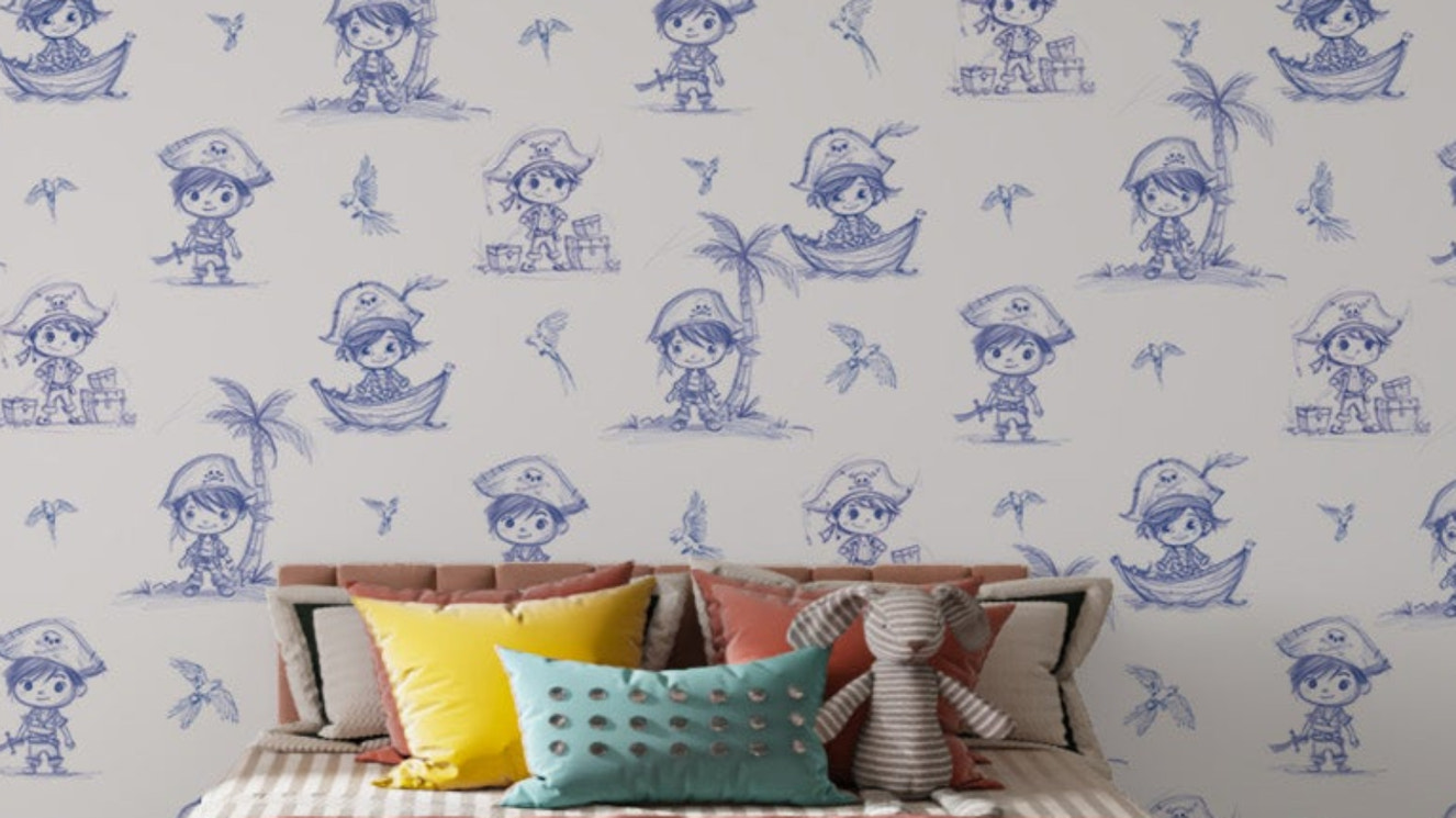 Adorable pirate-themed wallpaper for kids' rooms with nautical vibes.