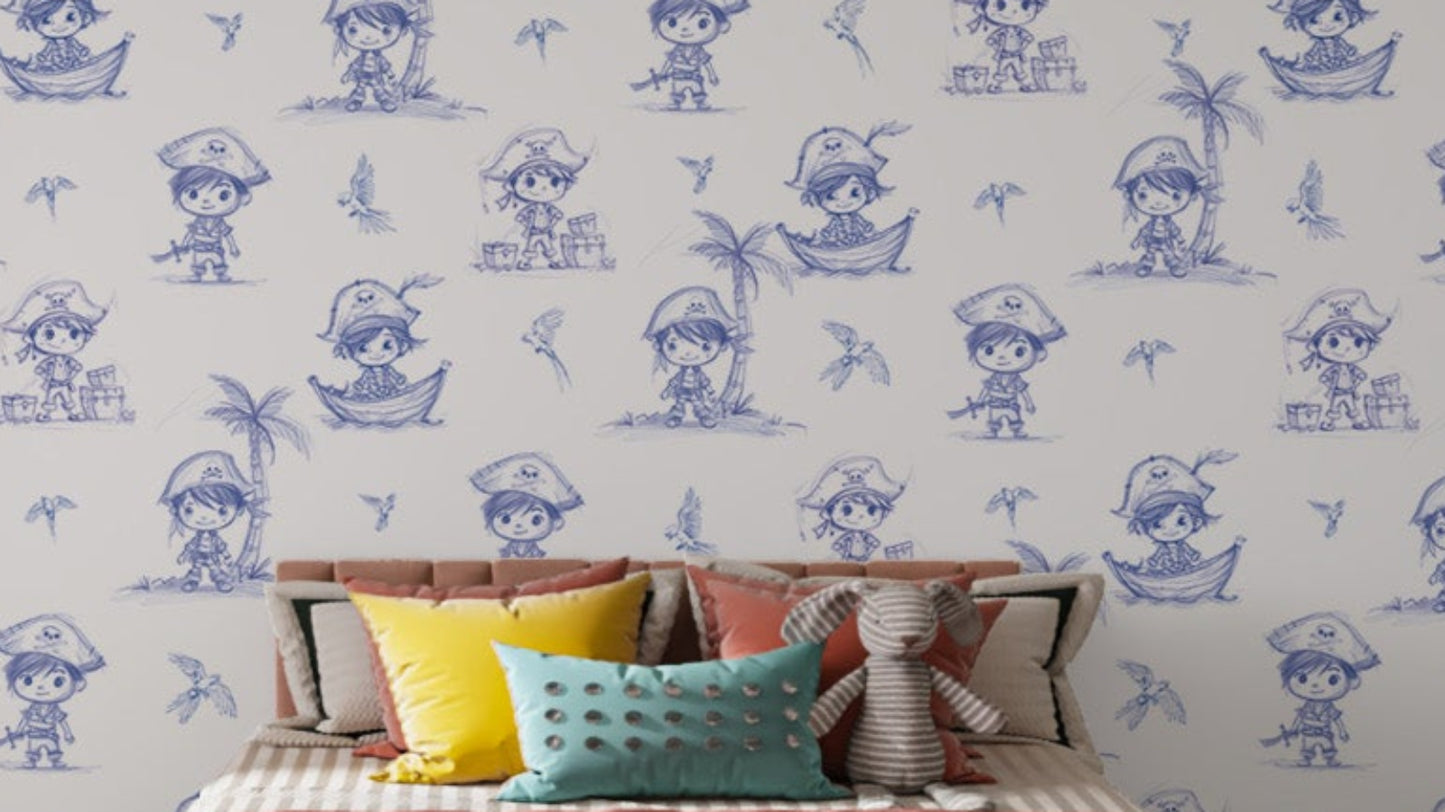 Adorable pirate-themed wallpaper for kids' rooms with nautical vibes.