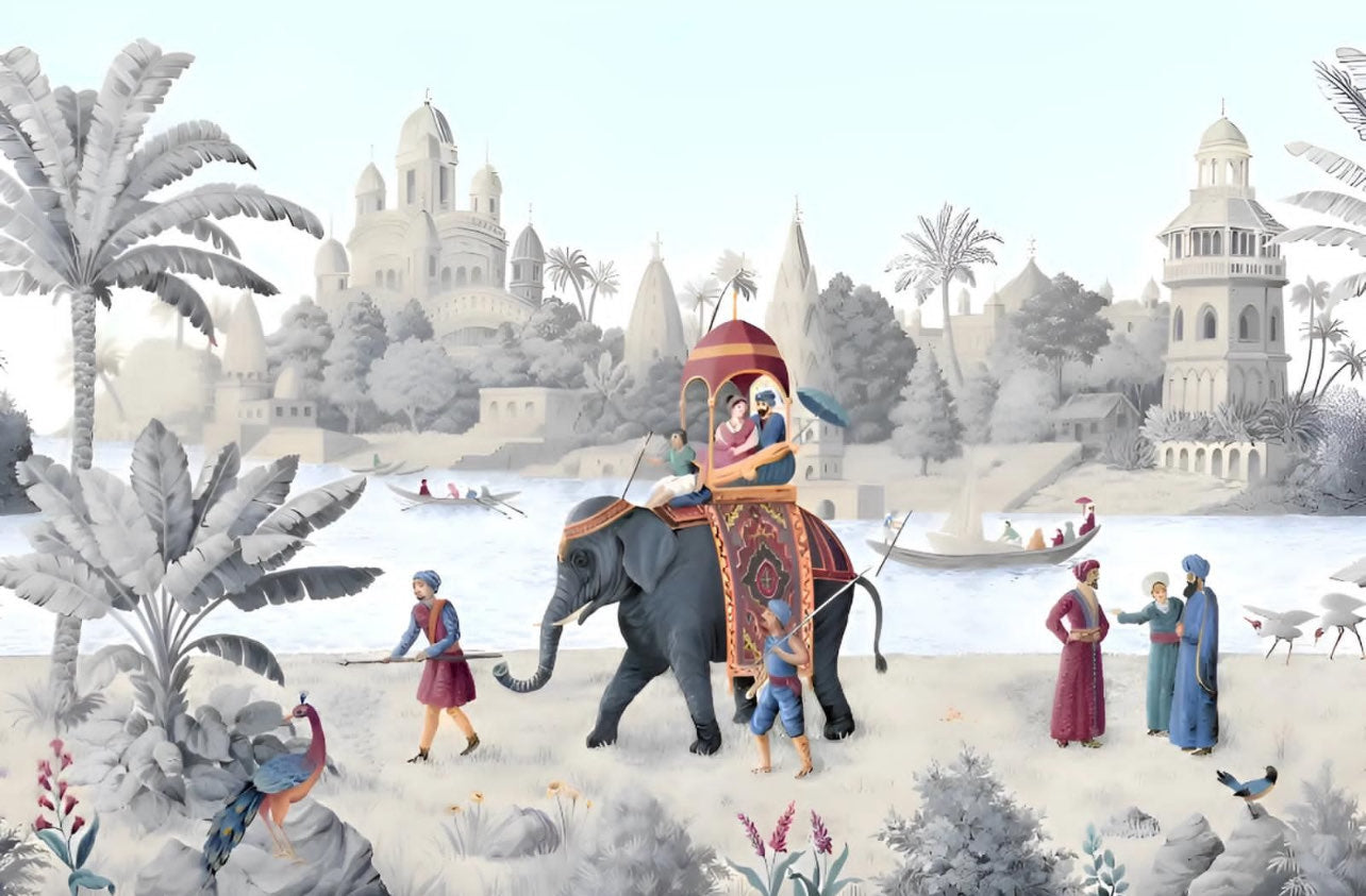 Charming Elephant Ride Wallpaper Mural featuring majestic elephant silhouettes wallpaper mural.
