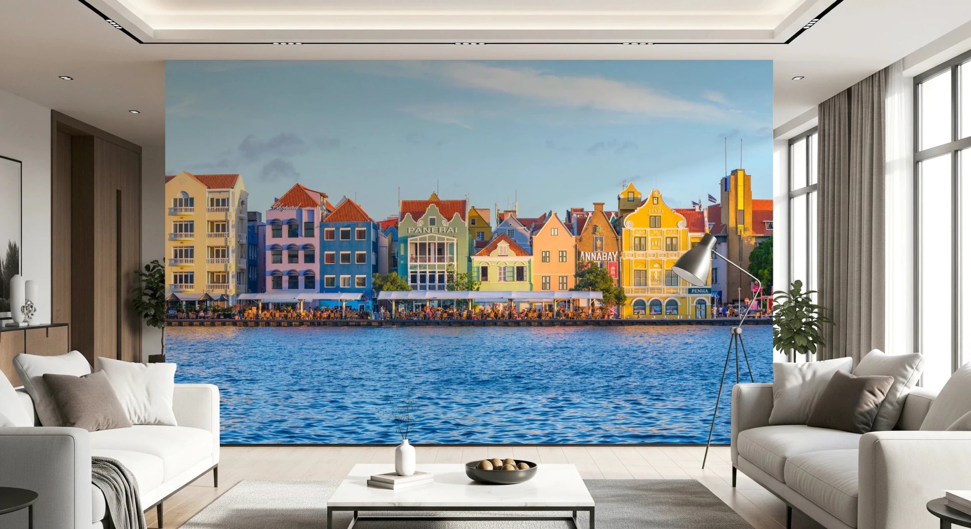 Bright facades define for office area Charming Harborfront Buildings Wall Mural print.