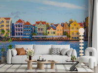 Pastel colored houses in the Charming Harborfront Buildings Wall Mural art.