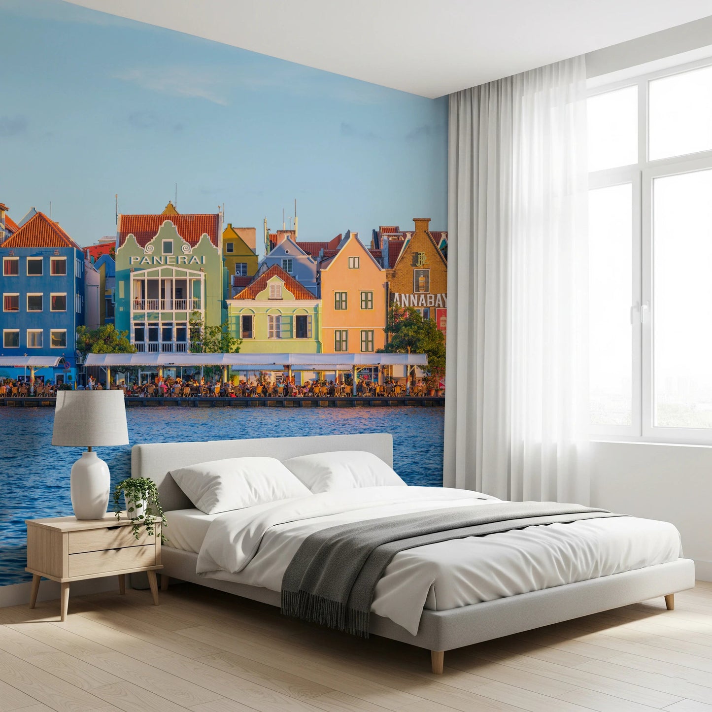 Scenic Charming Harborfront Buildings Wall Mural for an artistic display.