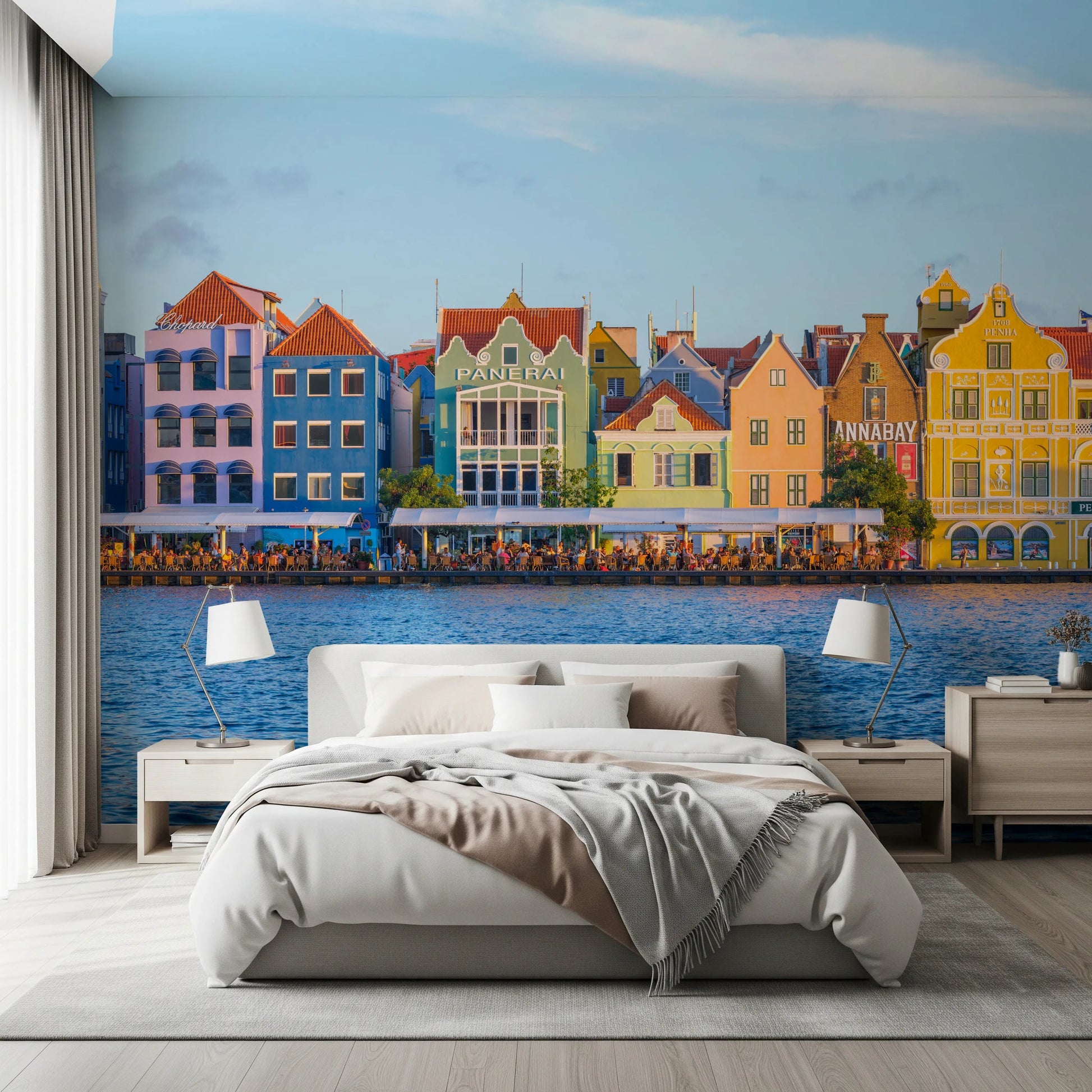 The Charming Harborfront Buildings Wall Mural for bedroom wall with historic water view
