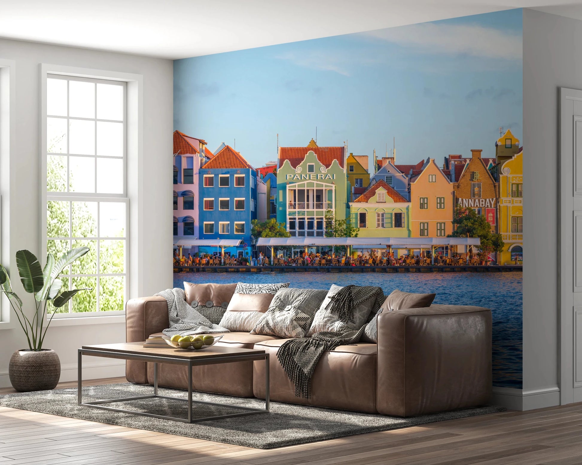 A colorful row of Charming Harborfront Buildings Wall Mural classic facades.