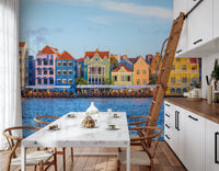 Waterfront scenery captured in the Charming Harborfront Buildings Wall Mural.