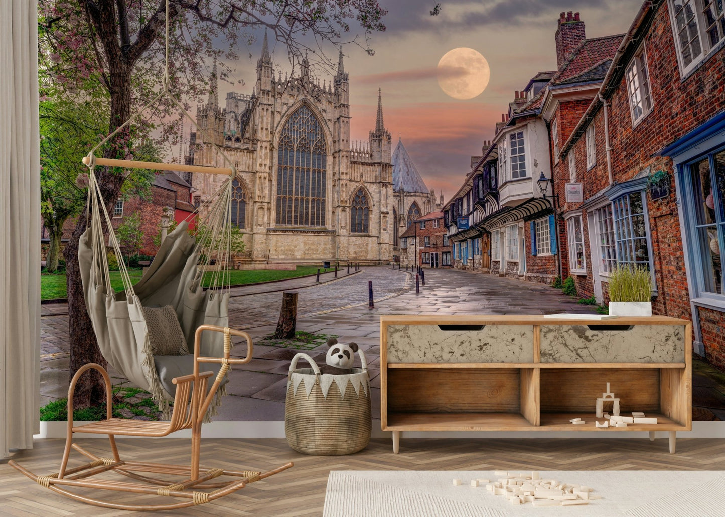 The mural covers a significant wall area, creating an immersive street scene.
