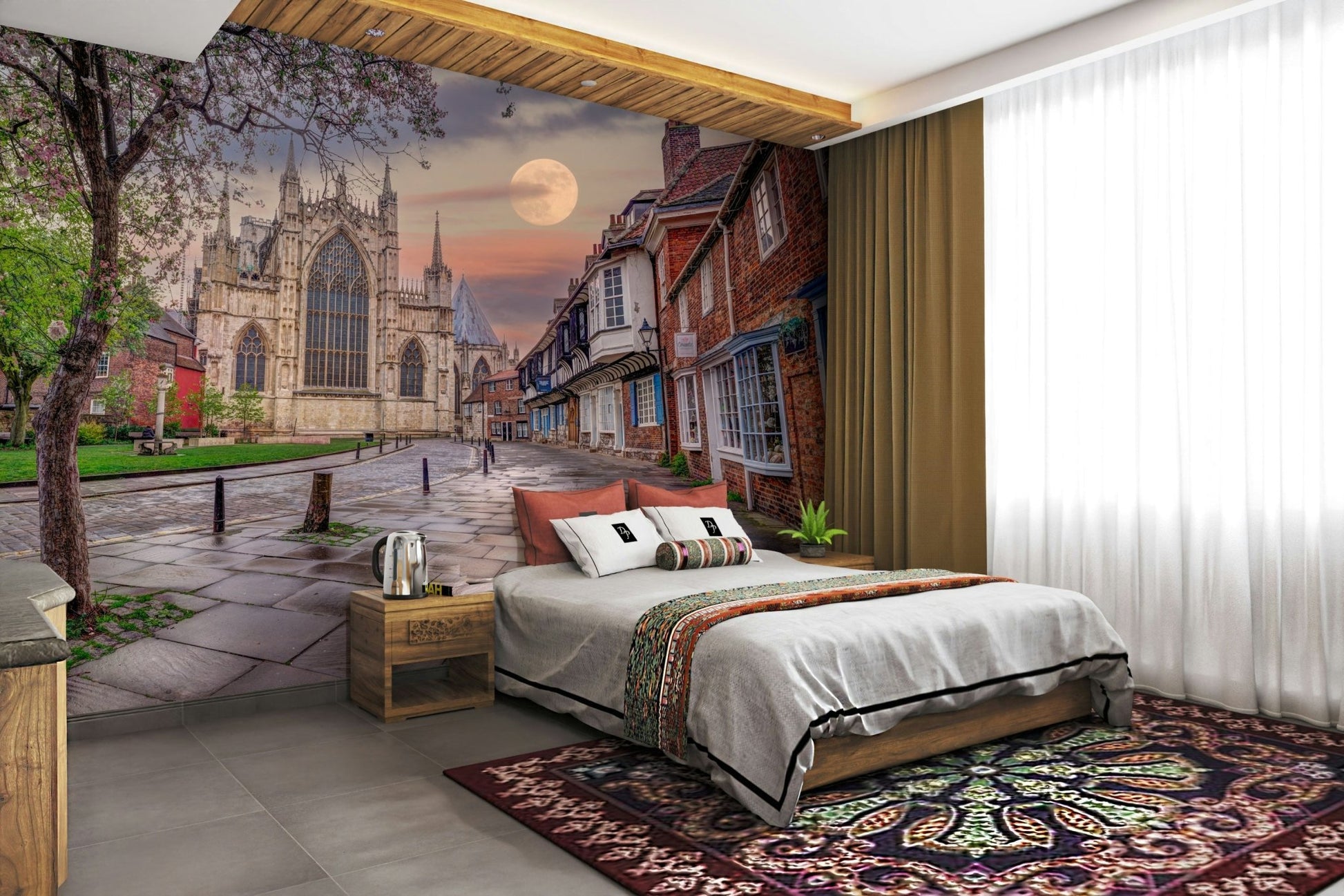 The color palette includes warm tones for the buildings, grays for the cobblestones.