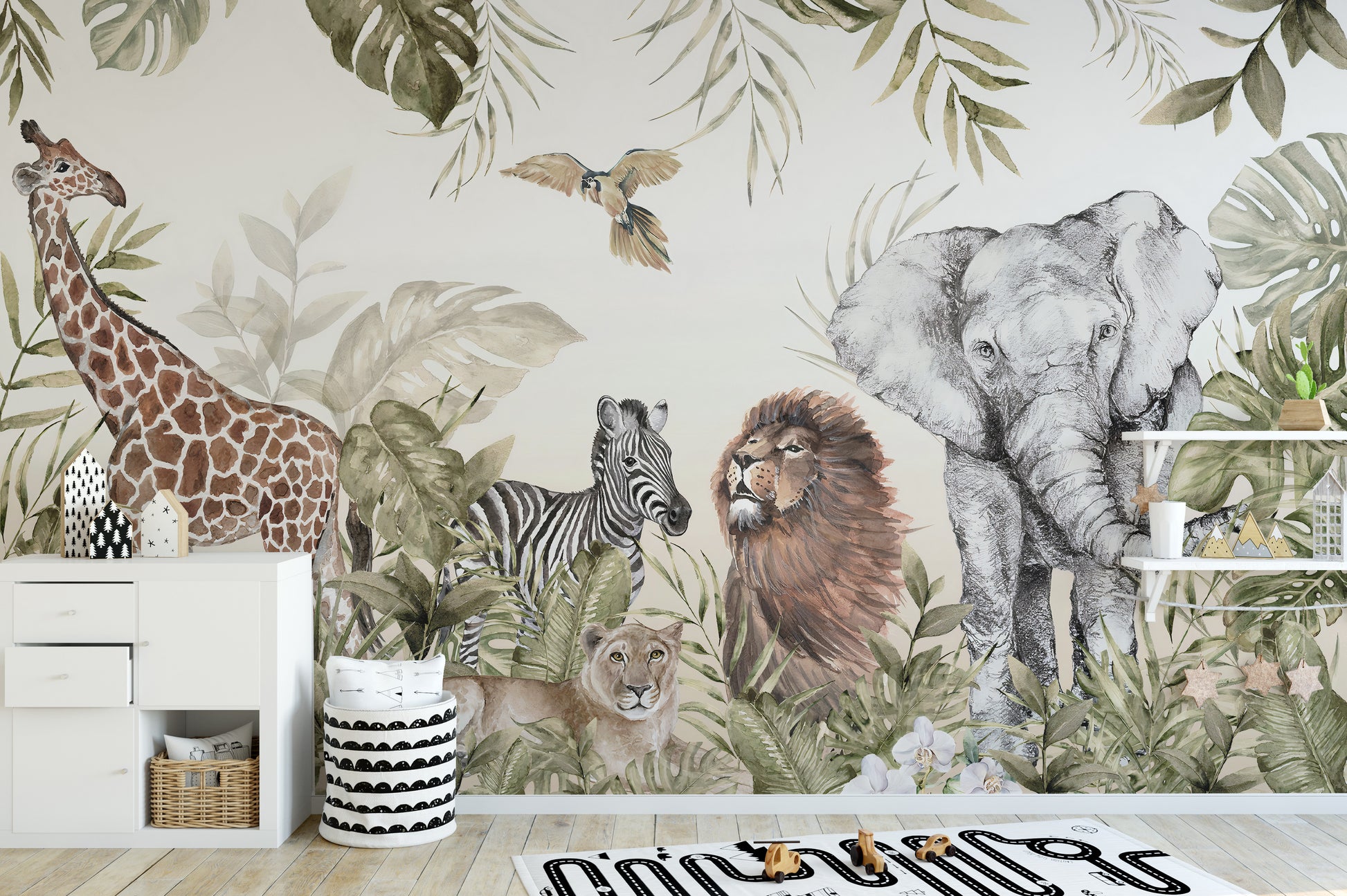 Watercolor Jungle Wallpaper with Lions and Elephants
