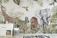 Watercolor Jungle Wallpaper with Lions and Elephants
