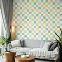 Retro checkerboard mural with deep browns and neutral tones.

