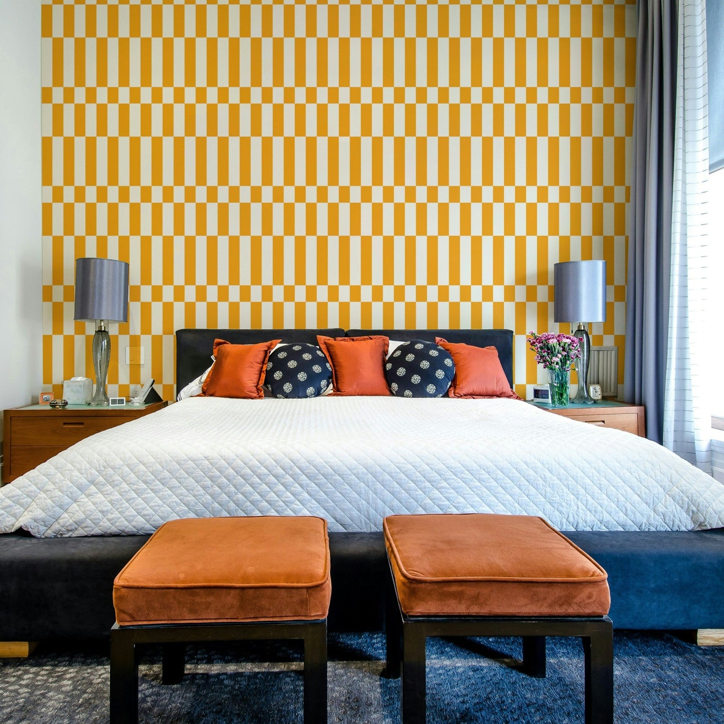 The image shows a repeating design with checkered squares and geometric shapes.

