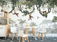 Hanging monkeys wallpaper featuring vibrant jungle design