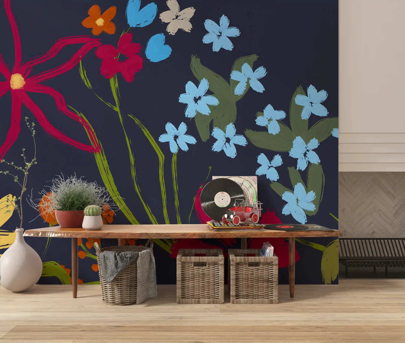 Cheerful Floral Summer Wall Mural wallpaper featuring garden blooms for office walls.