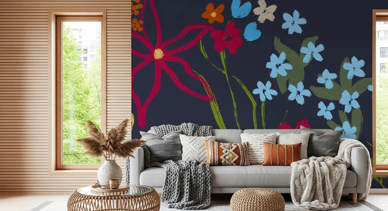 Vibrant floral wallpaper design for a living room with bright petal wall decor.
