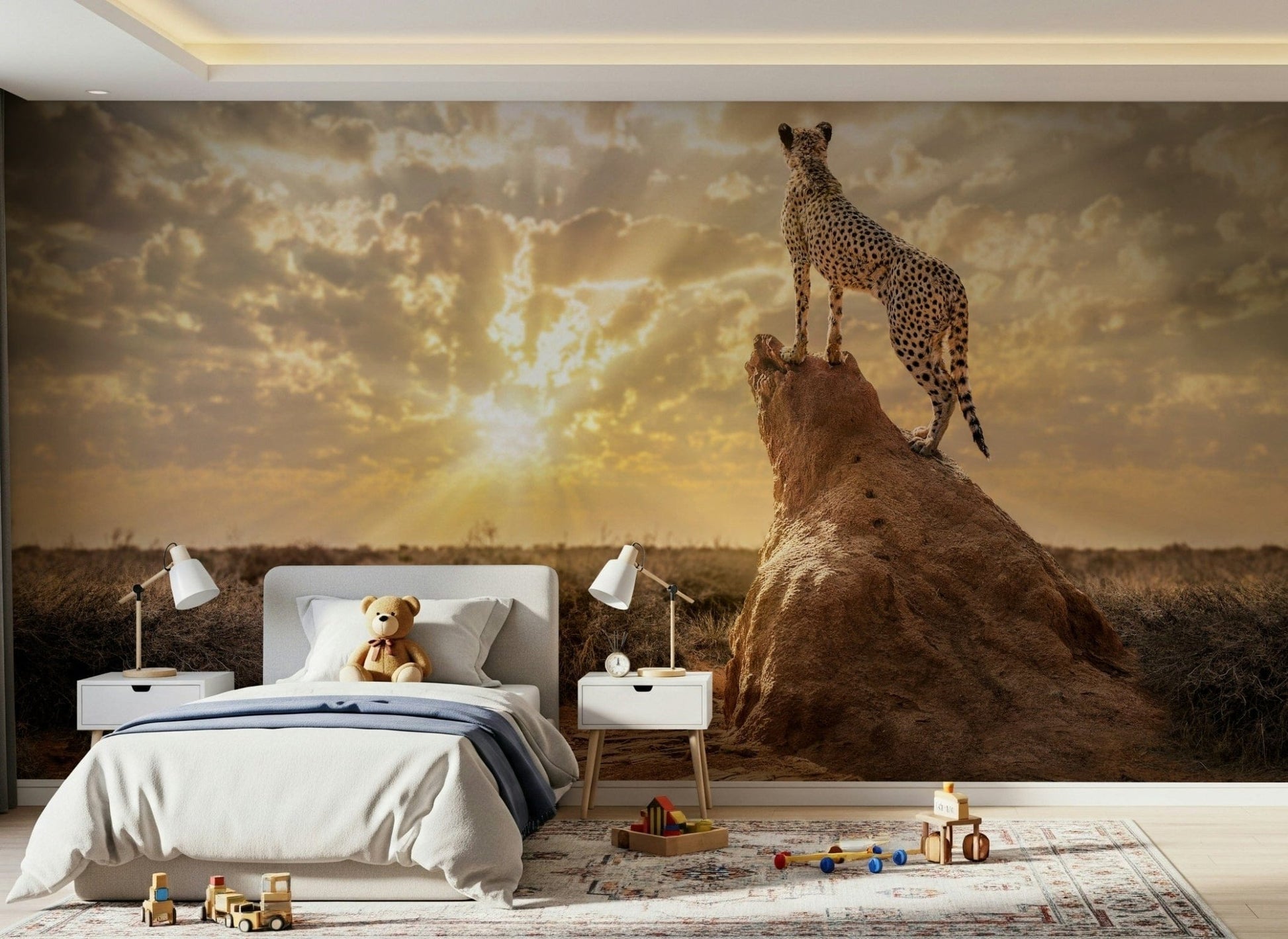 Wildlife-inspired wallpaper mural in bedroom, warm beige tones with cheetah spot design