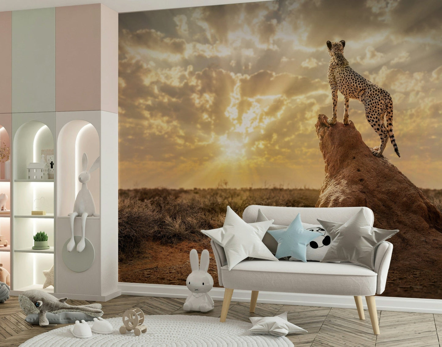 Cheetah’s Domain Wall Mural in bedroom, spotted print accent wall with minimal furniture