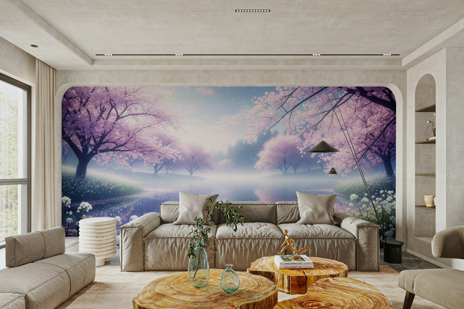 A living room featuring the cherry blossom wall mural.