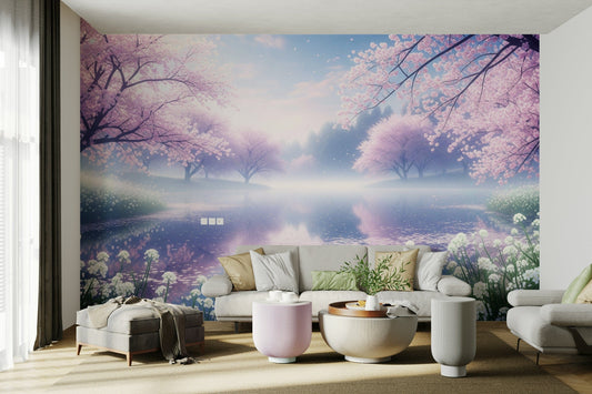 A beautiful serene scene of a cherry blossom tree in bloom.