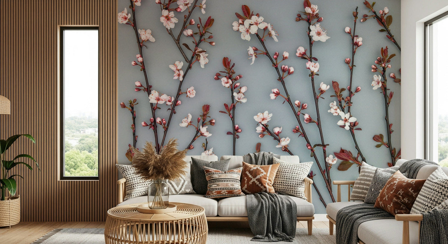 A serene wallpaper displaying tall cherry plant stems with clusters of pink and white spring blooms.