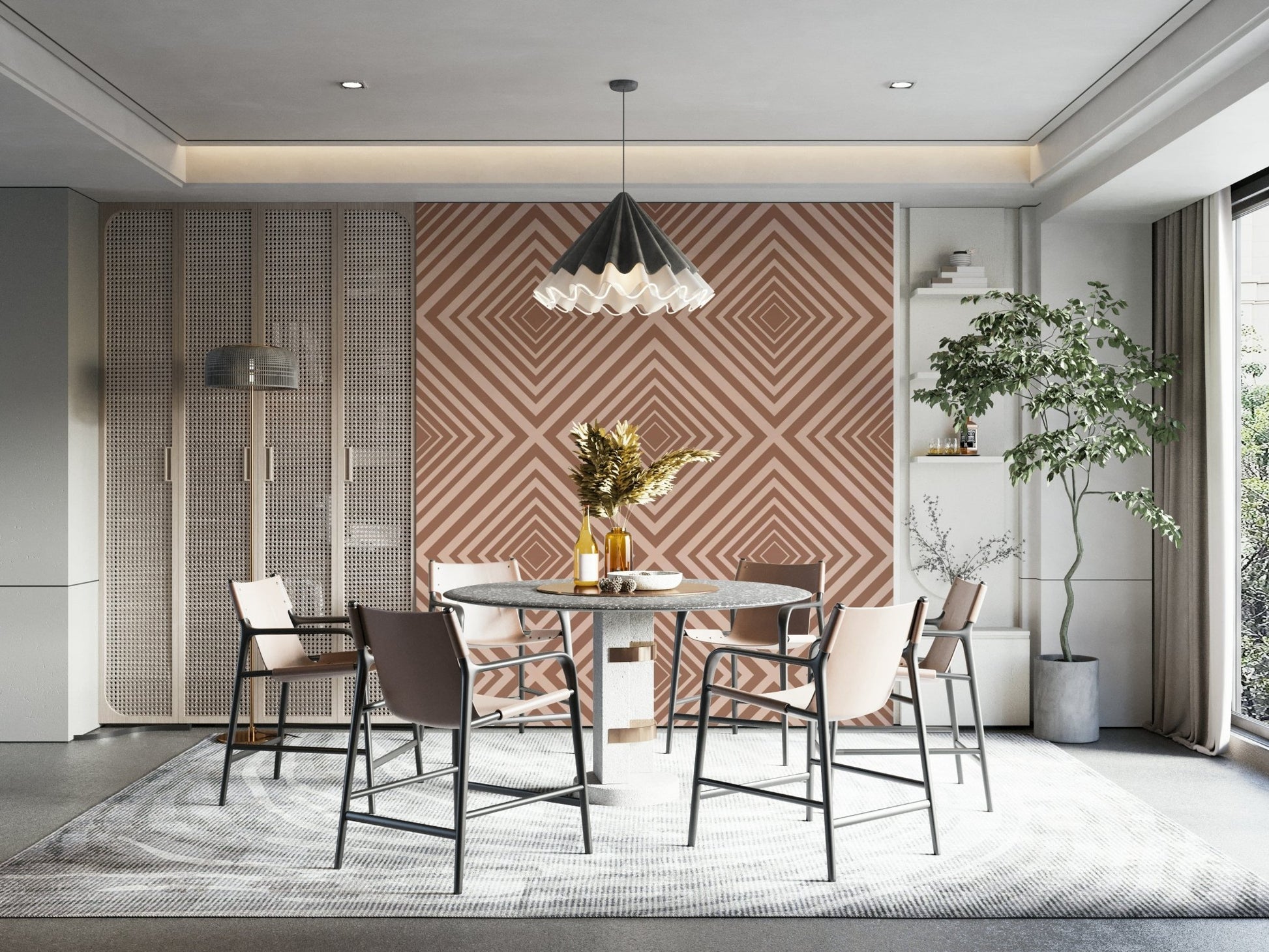 Mid-Century Chevron wallpaper, bold angular design, home interior.