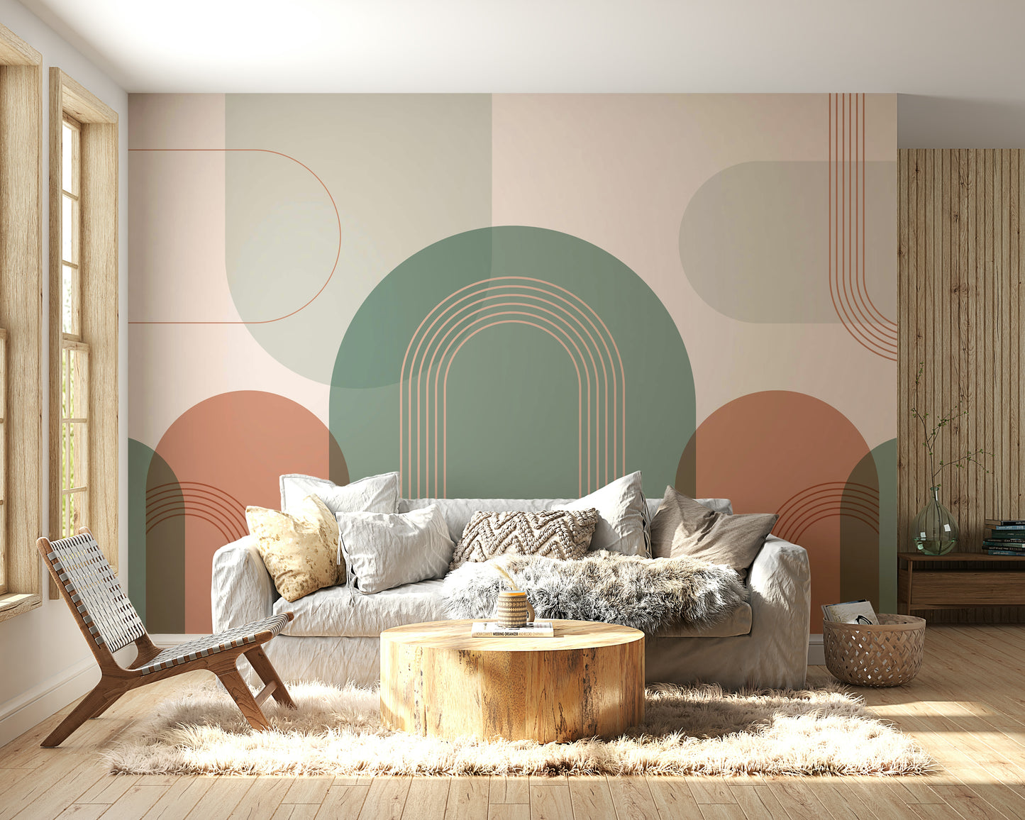 Retro arch wallpaper in peach and sage

